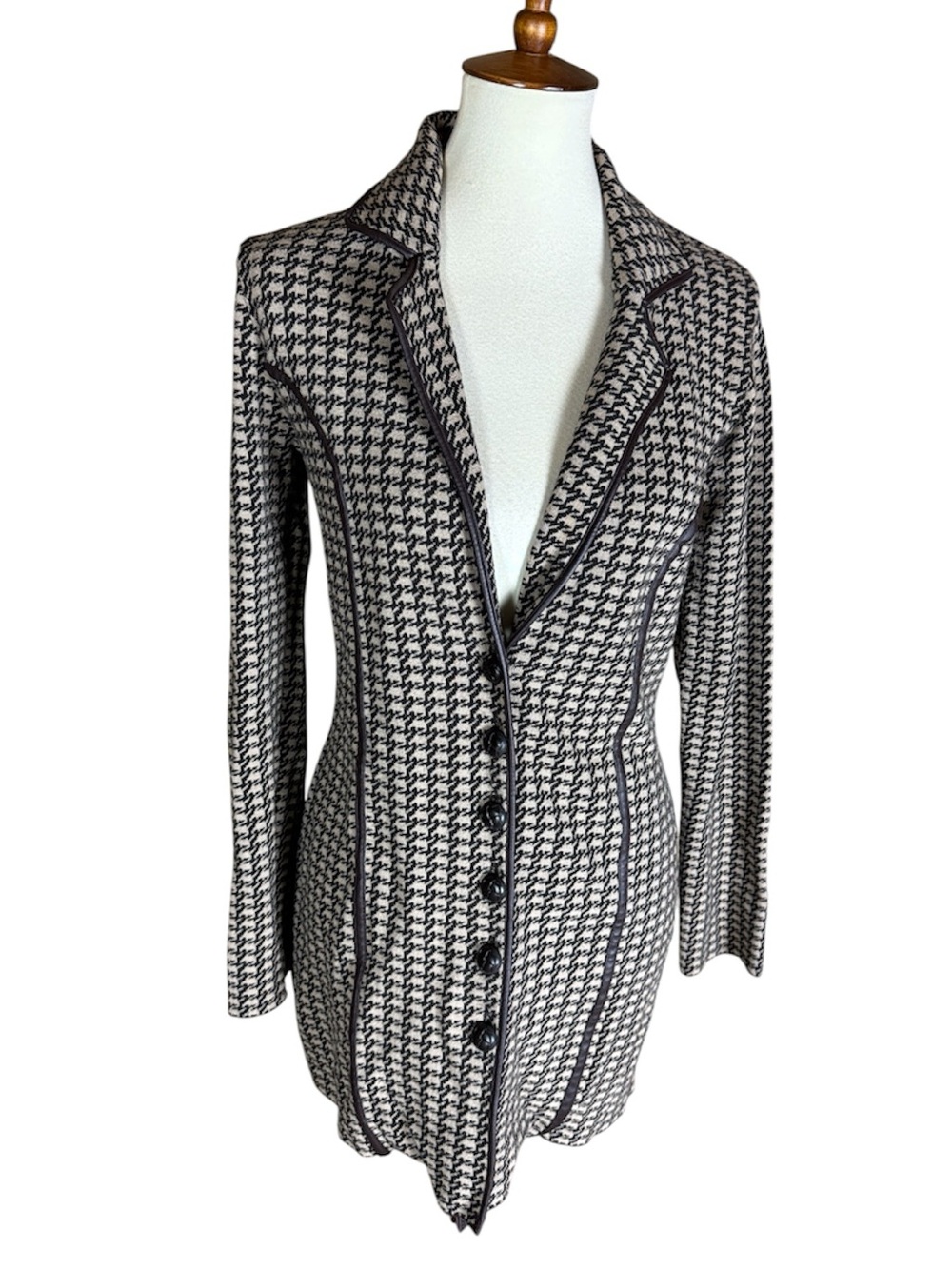 Michael Simon tan and brown houndstooth long cardigan sweater Size Small